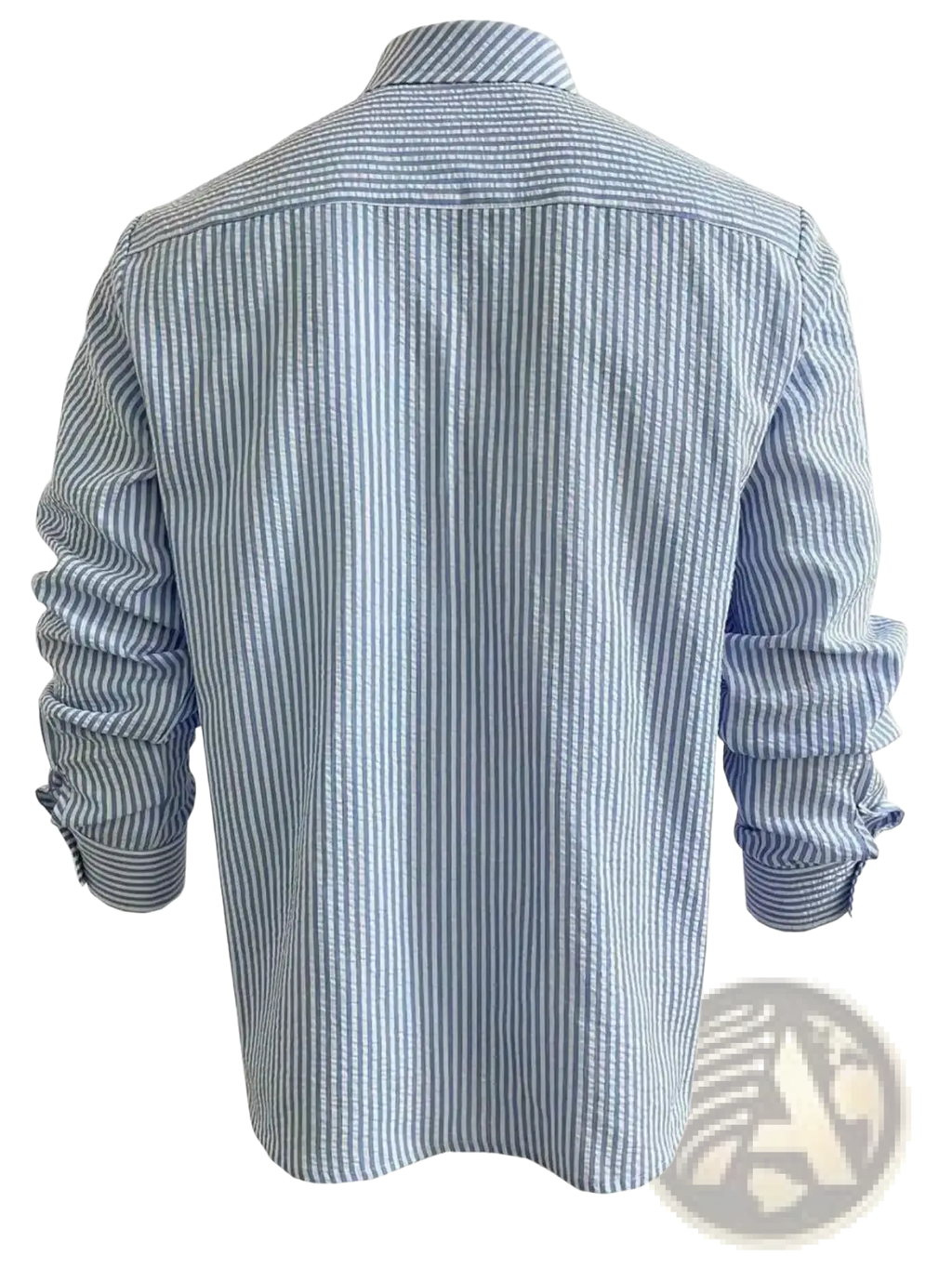 A classic men blue striped long sleeve casual button down shirt made of lightweight cotton fabric