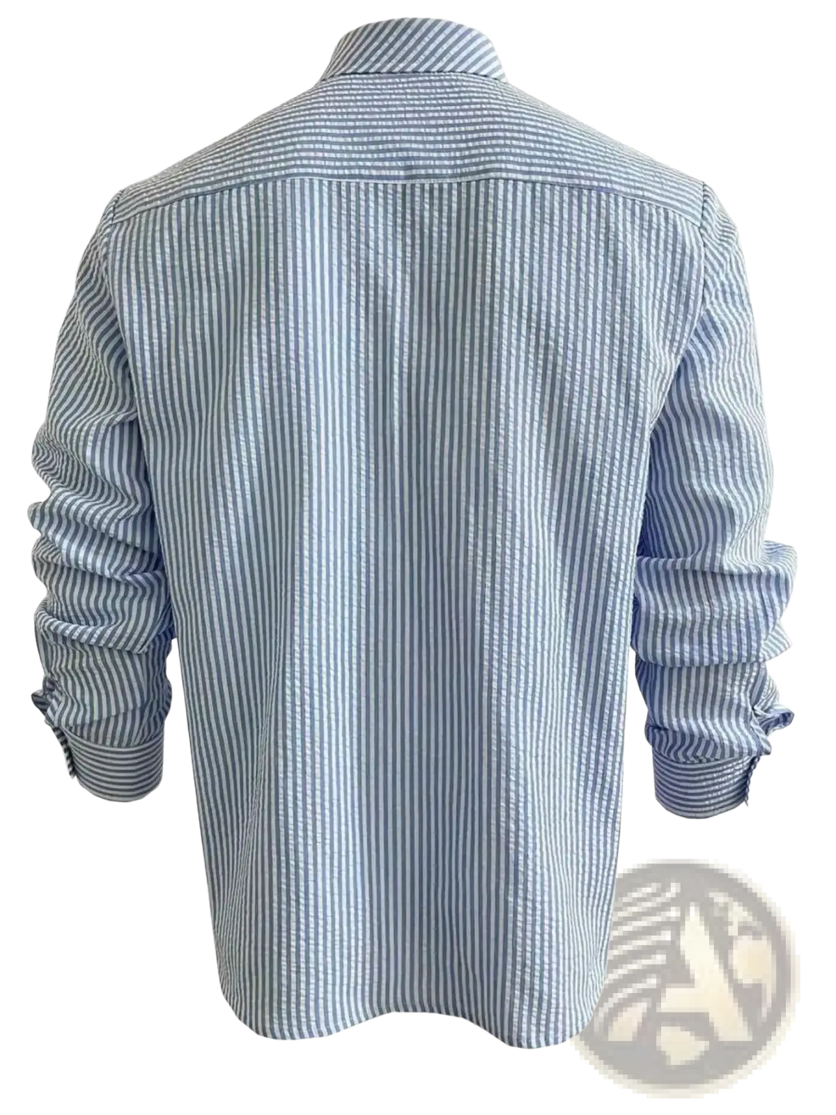 A classic men blue striped long sleeve casual button down shirt made of lightweight cotton fabric