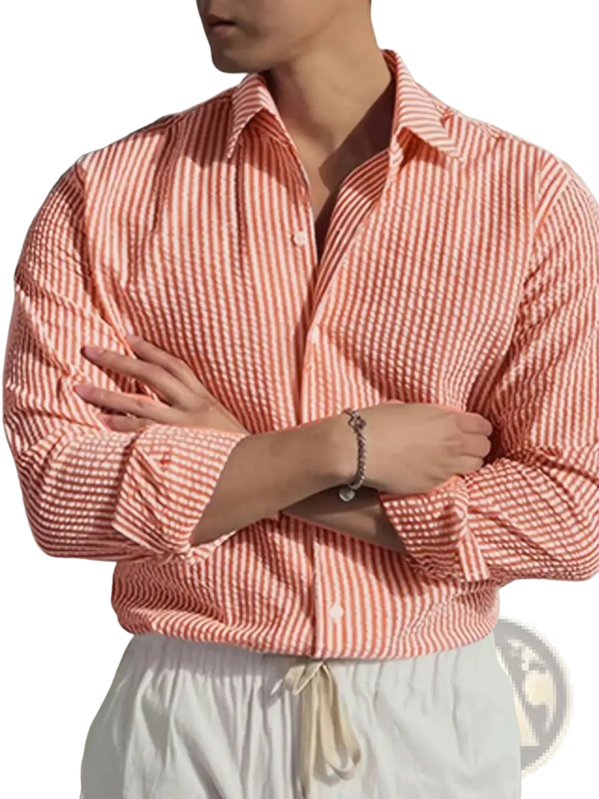 Men coral and white striped long sleeve button-up shirt with classic collar for casual wear