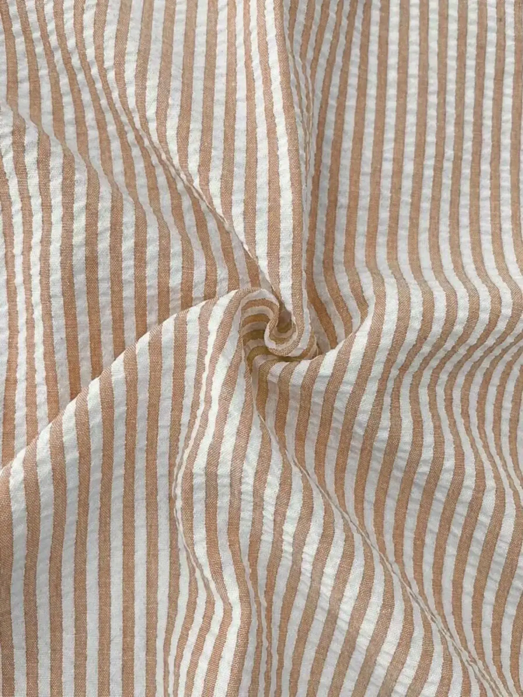 Men blue striped long sleeve casual button down shirt featuring cream and beige vertical stripes on textured cotton fabric