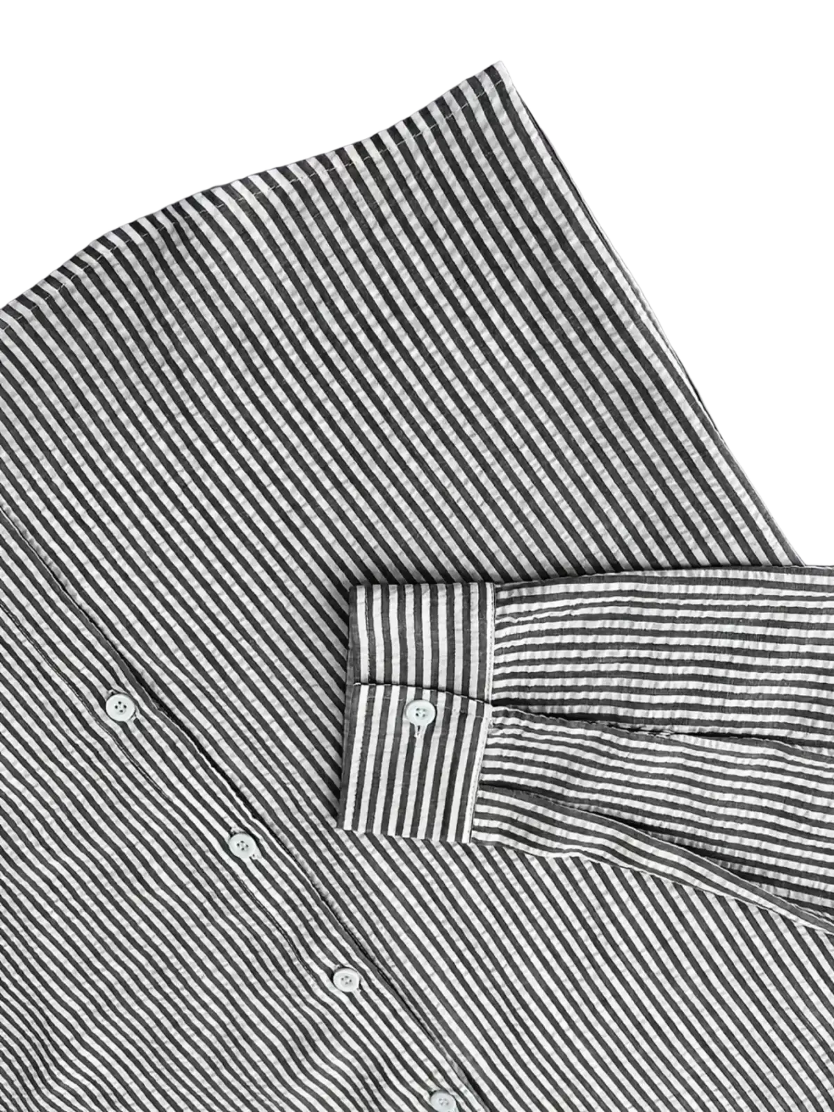 Men blue striped long sleeve casual button down shirt in black and white cotton with classic collar and folded cuffs