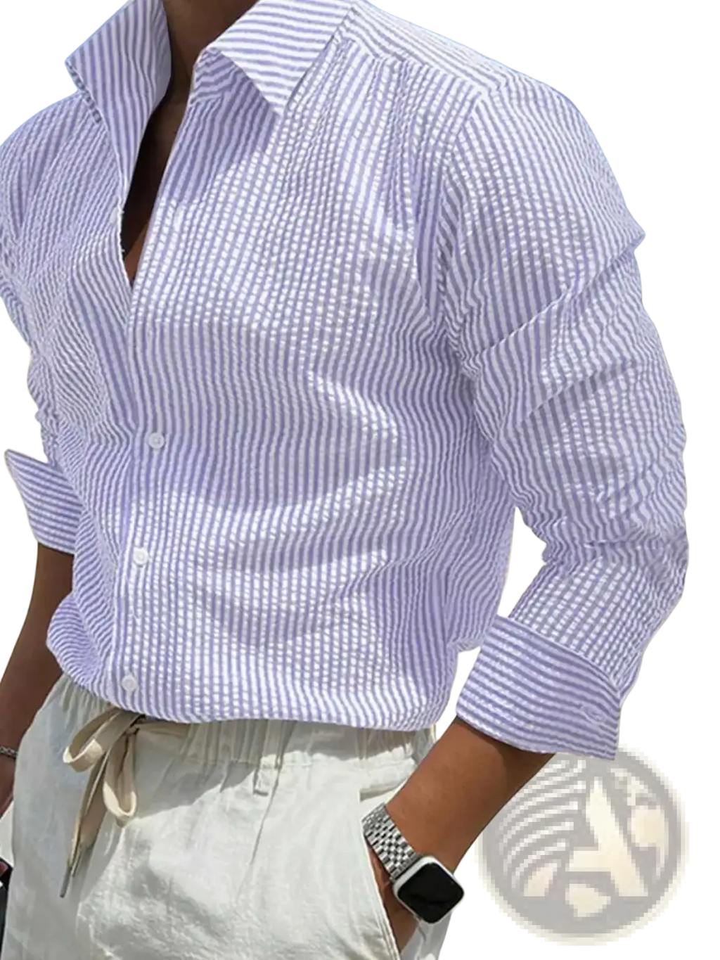 Men blue striped long sleeve casual button down shirt in crisp lavender and white fabric with classic collar and rolled sleeves
