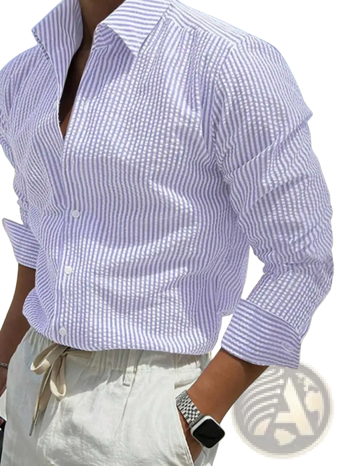 Men blue striped long sleeve casual button down shirt in crisp lavender and white fabric with classic collar and rolled sleeves