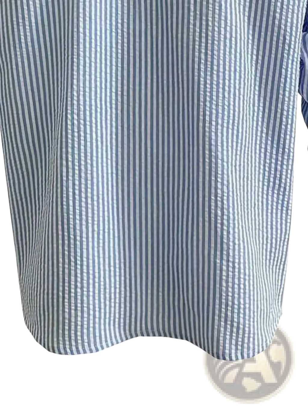 Men blue striped long sleeve casual button down shirt made of lightweight fabric with vertical blue and white stripes