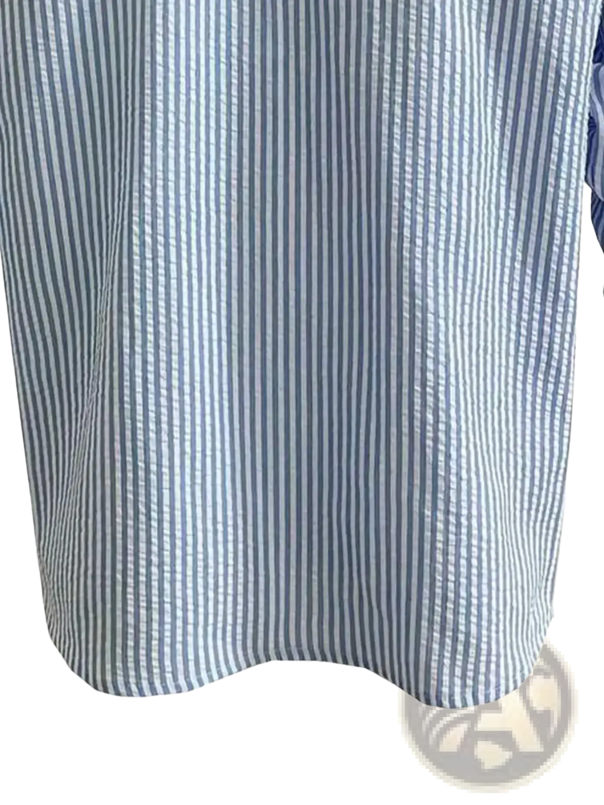 Men blue striped long sleeve casual button down shirt made of lightweight fabric with vertical blue and white stripes