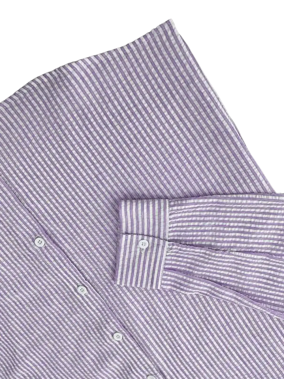 Men blue striped long sleeve casual button down shirt in lavender and white vertical stripes with classic collar and cuffs
