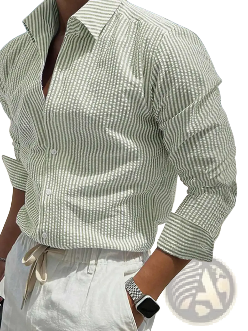 Men blue striped long sleeve casual button down shirt in light green and white with subtle textured weave