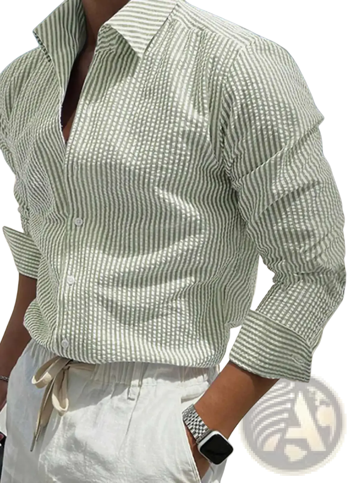 Men blue striped long sleeve casual button down shirt in light green and white with subtle textured weave