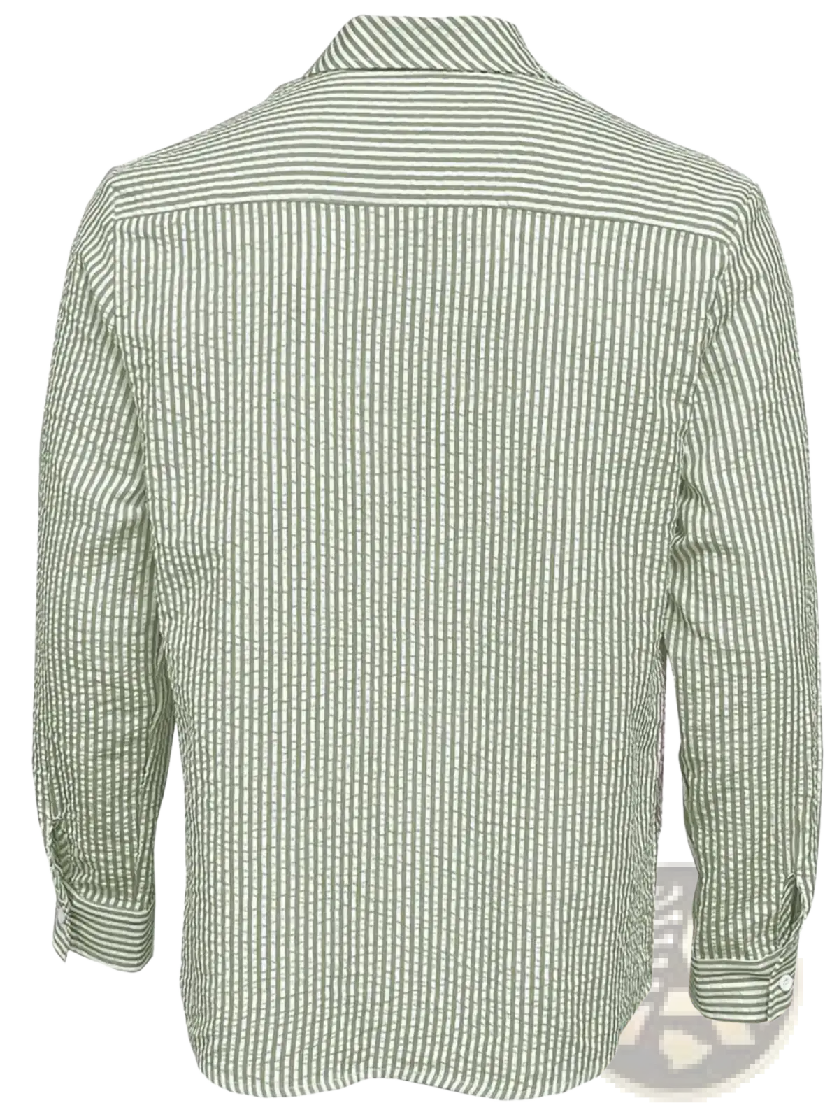 A men blue striped long sleeve casual button down shirt with green and white vertical stripes made of lightweight fabric