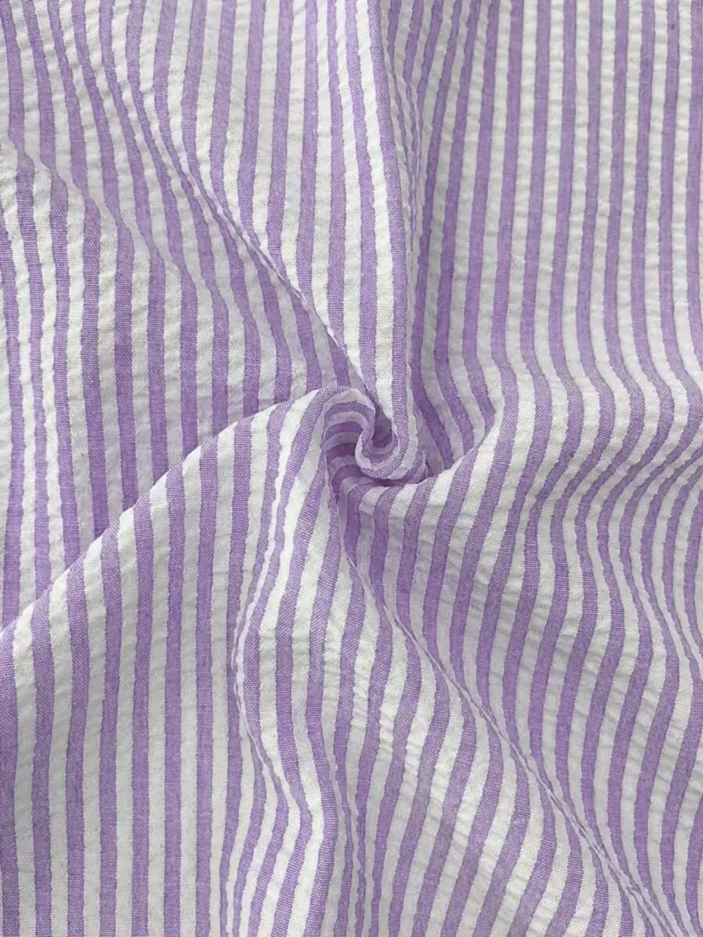 Men blue striped long sleeve casual button down shirt in purple and white vertically striped cotton fabric with crinkled texture