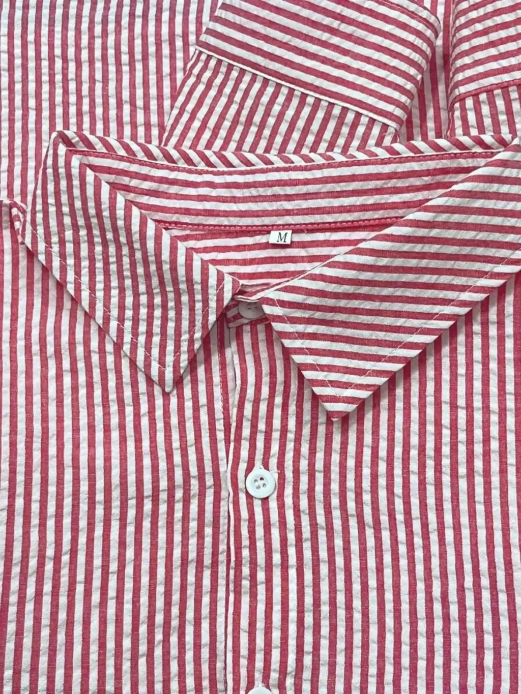 Men blue striped long sleeve casual button down shirt in red and white striped cotton with classic collar and buttons