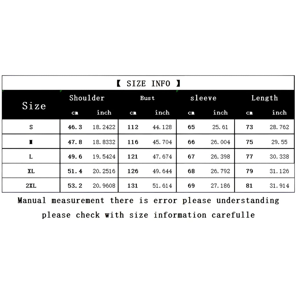 Size chart for men blue striped long sleeve casual button down shirt showing measurements in cm and inches for sizes S to 2XL