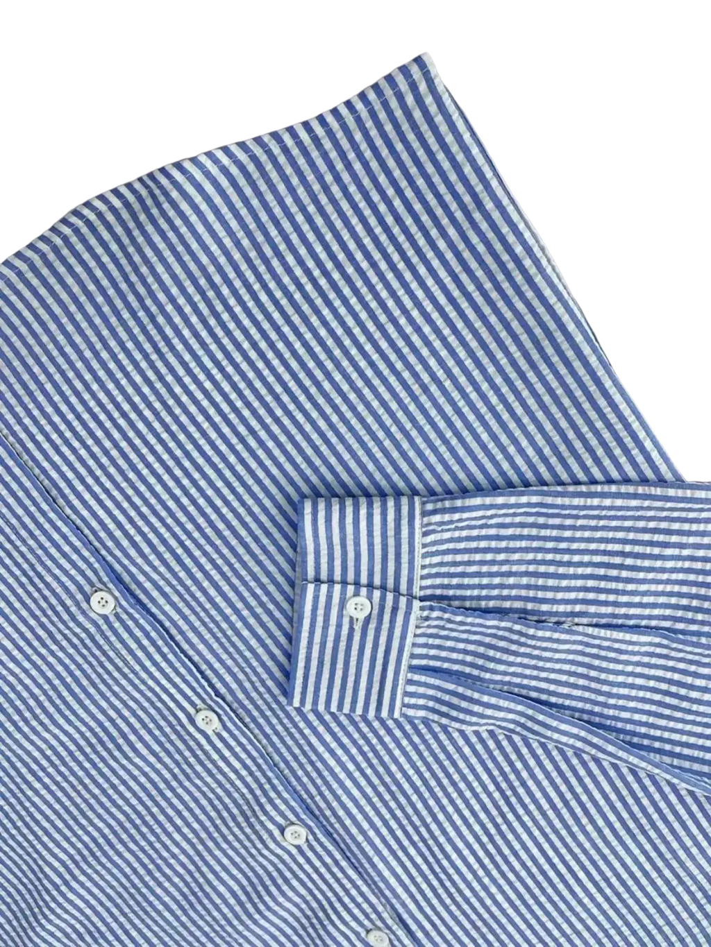 Men blue striped long sleeve casual button down shirt with a classic collar and cuffs in blue and white stripes