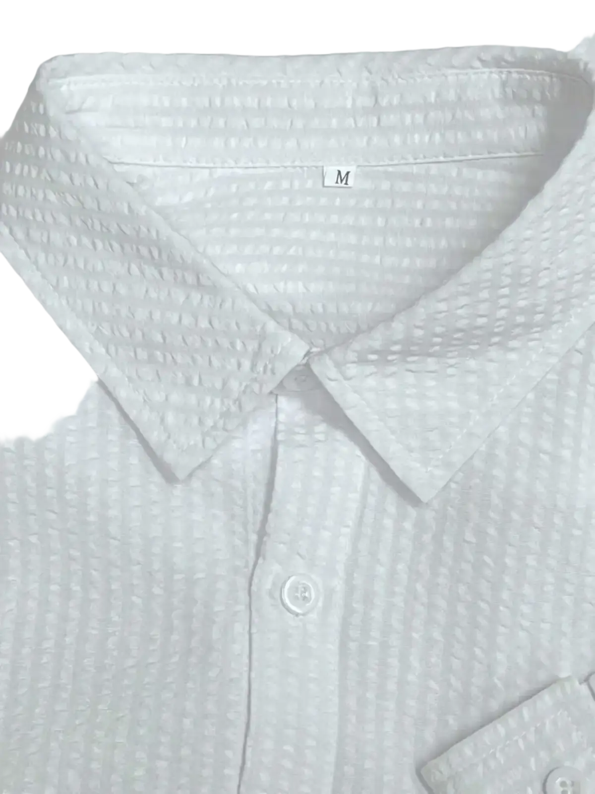 Men blue striped long sleeve casual button down shirt in white waffle-textured cotton with classic collar and buttons