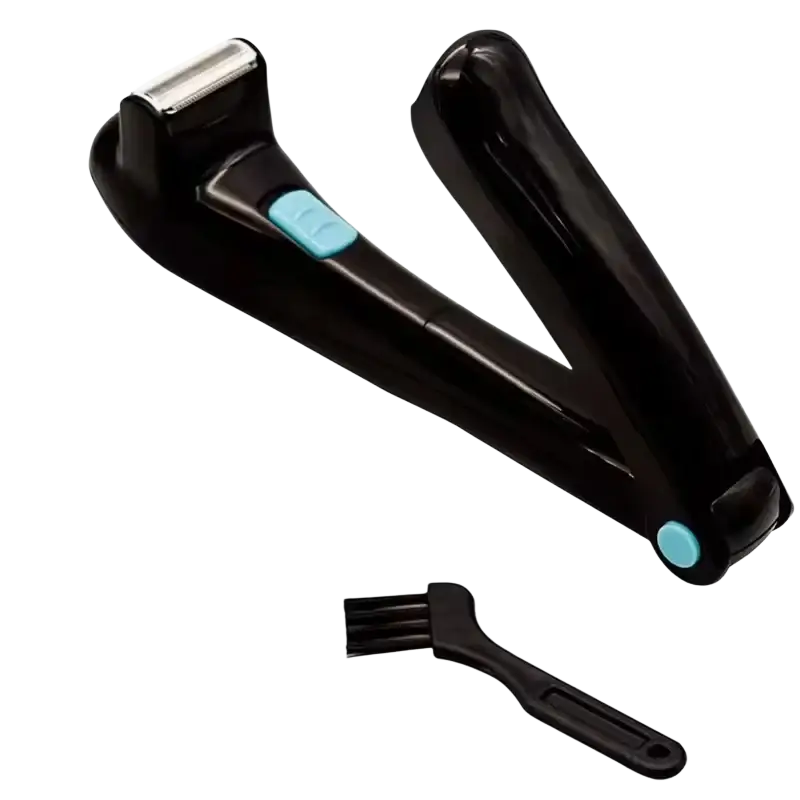 Black plastic men body groomer folding back shaver with silver metal head light blue buttons and cleaning brush
