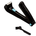 Black plastic men body groomer folding back shaver with silver metal head light blue buttons and cleaning brush
