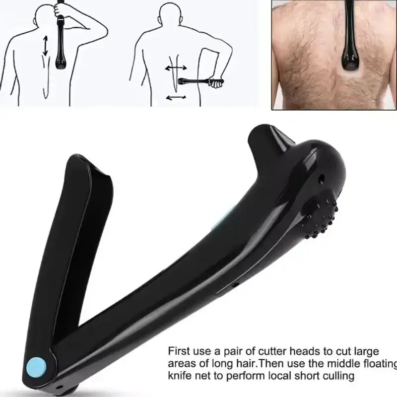 Black plastic men body groomer folding back shaver with curved handle and textured head for targeted trimming