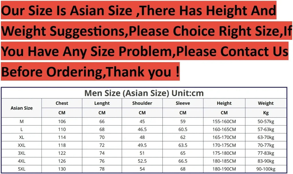 Asian size men’s bomber jacket casual hooded windbreaker spring sizing chart with measurements in centimeters and kilograms