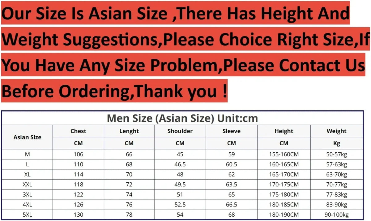 Asian size men’s bomber jacket casual hooded windbreaker spring sizing chart with measurements in centimeters and kilograms