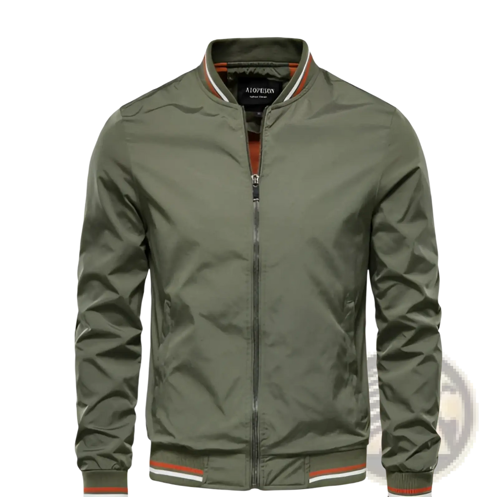 Men bomber jacket in olive green with orange and white striped trim on collar cuffs and waistband for casual outerwear