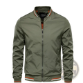 Men bomber jacket in olive green with orange and white striped trim on collar cuffs and waistband for casual outerwear