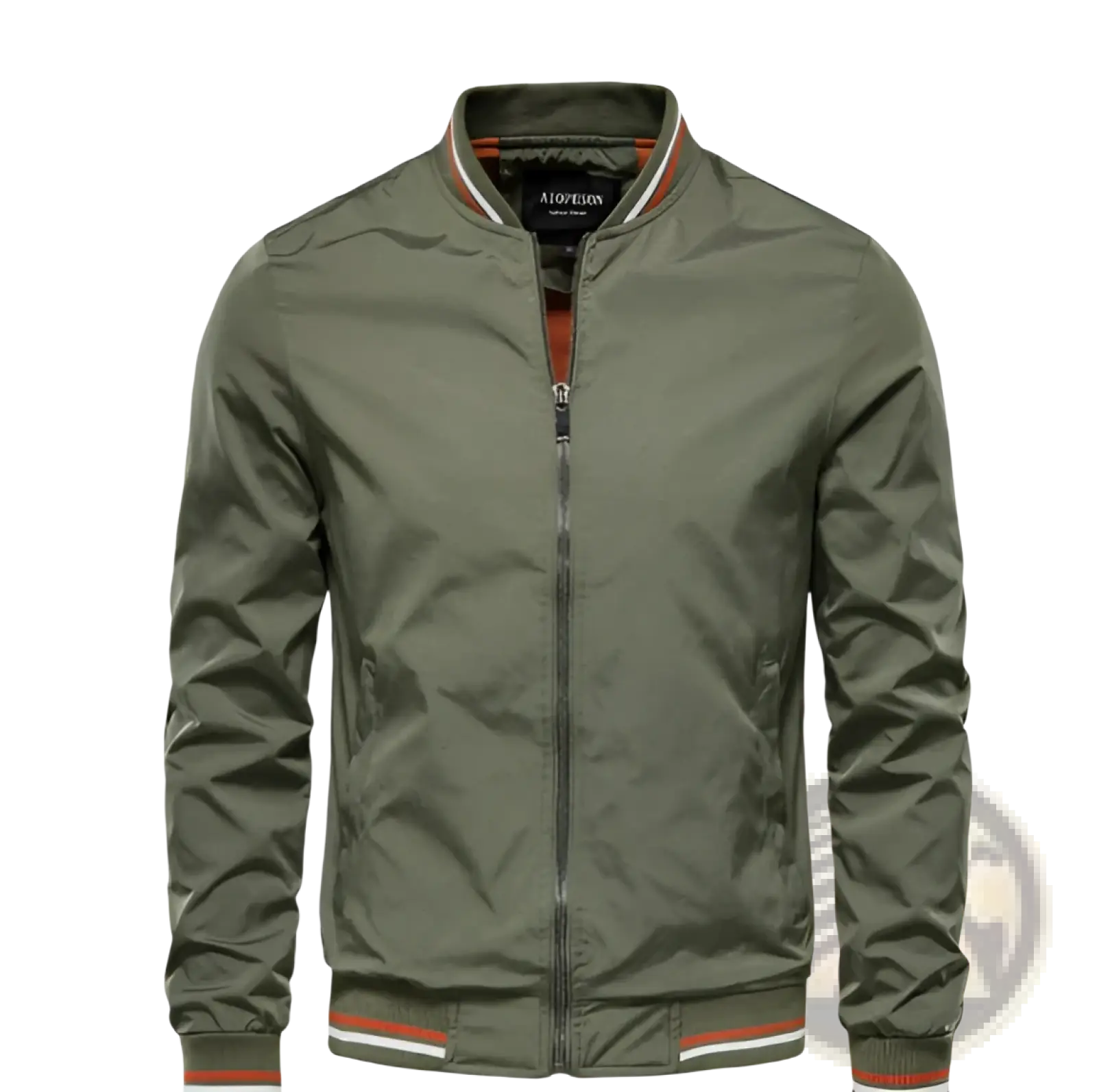 Men bomber jacket in olive green with orange and white striped trim on collar cuffs and waistband for casual outerwear