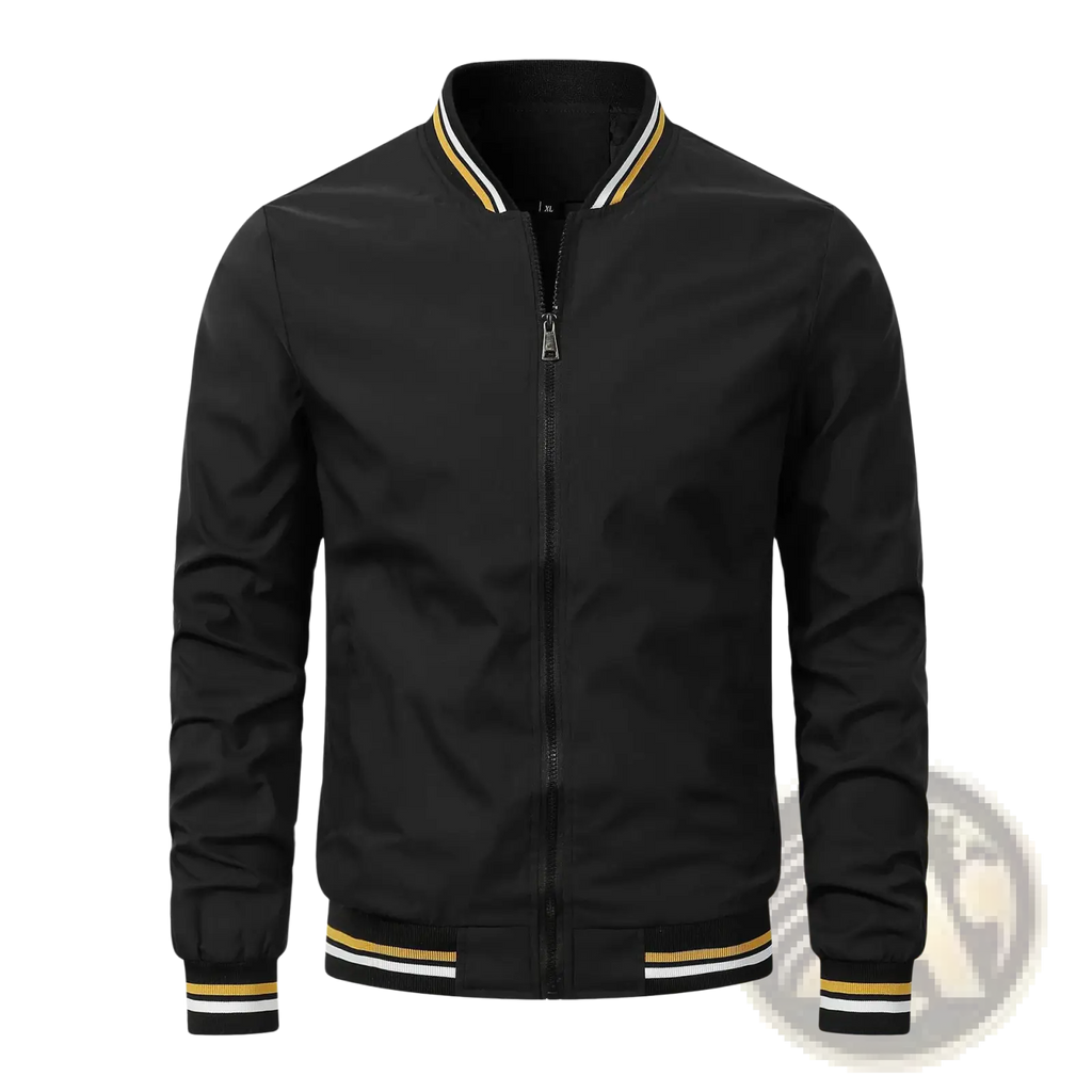 Men bomber jacket black with gold and white striped trim on collar cuffs and waistband casual outerwear