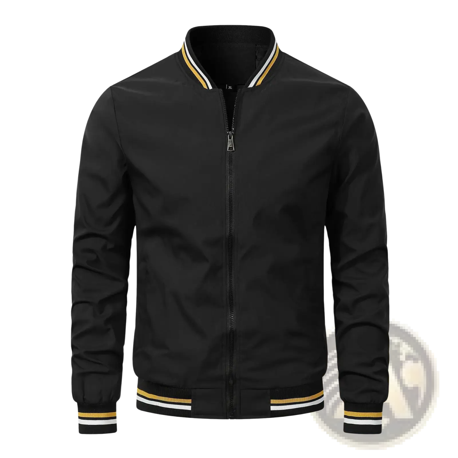 Men bomber jacket black with gold and white striped trim on collar cuffs and waistband casual outerwear