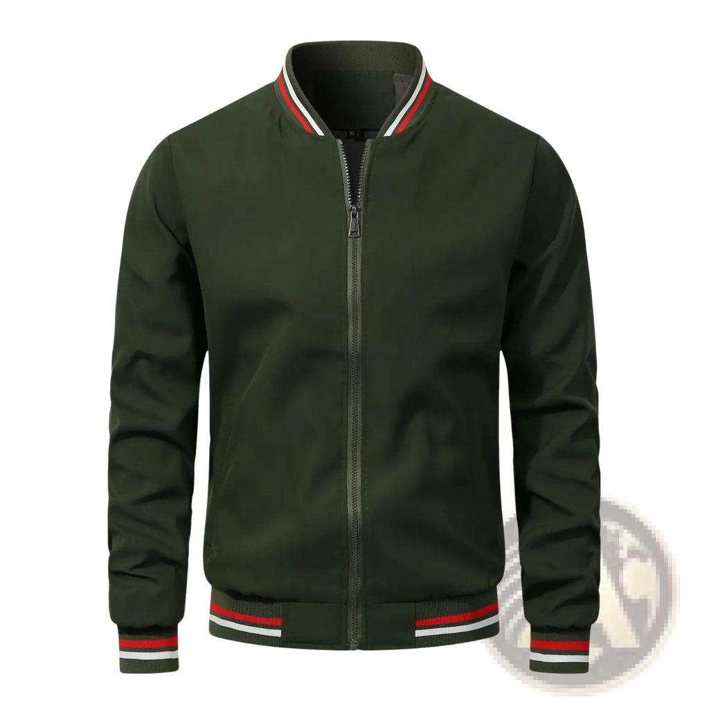 Men bomber jacket dark green with red and white striped trim on collar cuffs and waistband casual outerwear