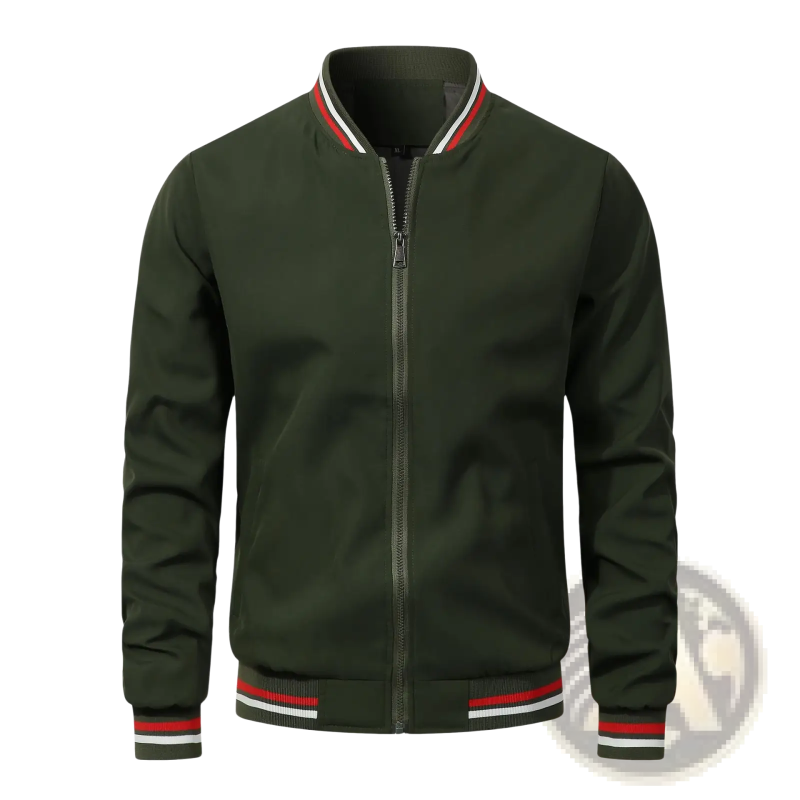 Men bomber jacket dark green with red and white striped trim on collar cuffs and waistband casual outerwear