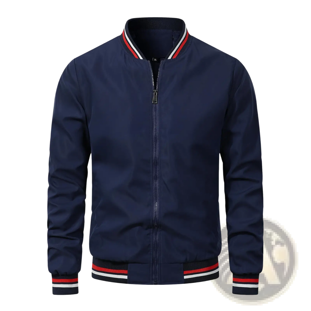 Men bomber jacket navy blue with red and white striped trim on collar cuffs and waistband casual outerwear