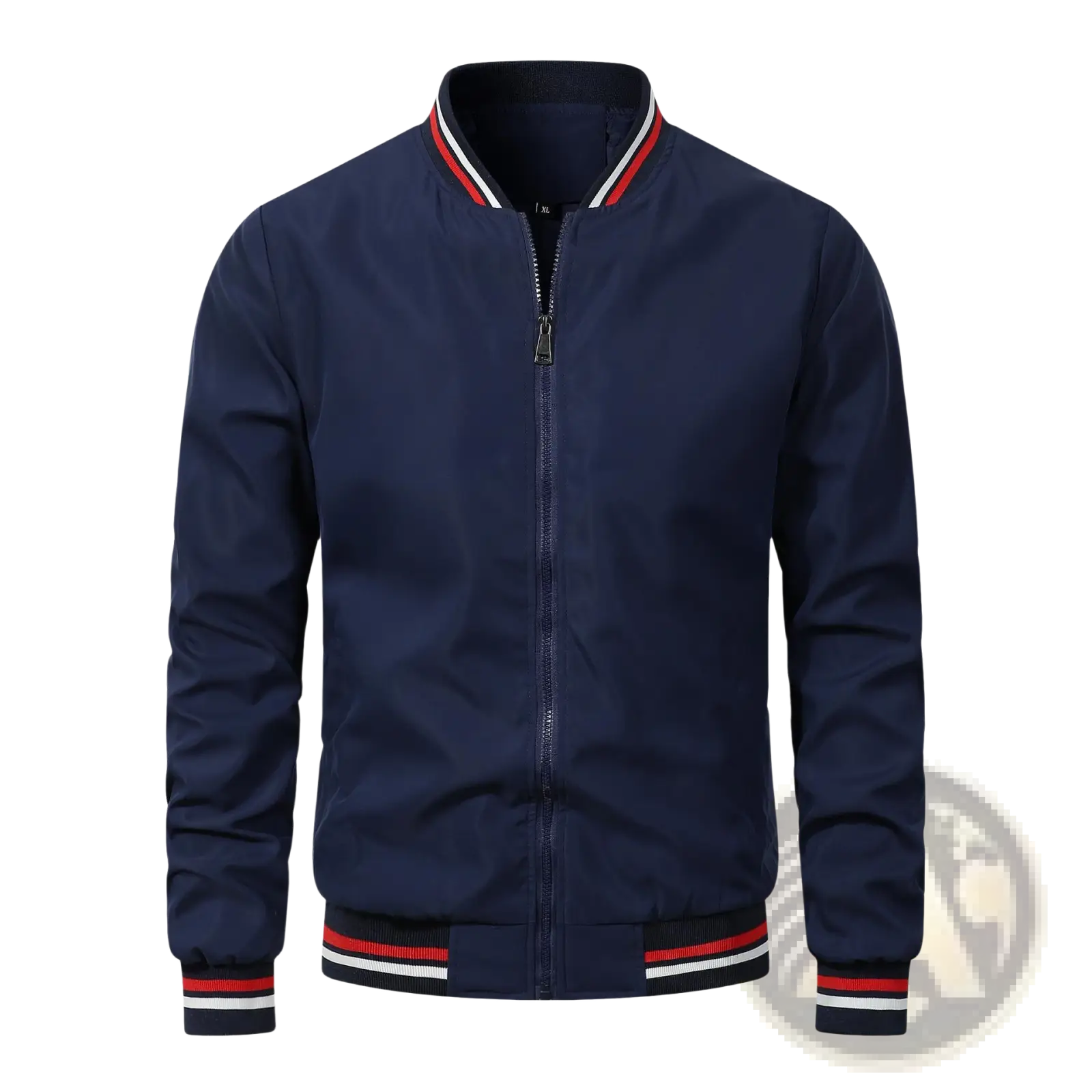 Men bomber jacket navy blue with red and white striped trim on collar cuffs and waistband casual outerwear