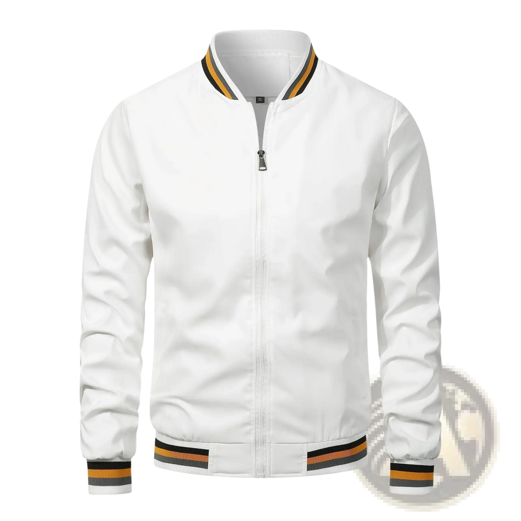 Men bomber jacket in white with black and gold striped trim on collar cuffs and waistband for casual outerwear