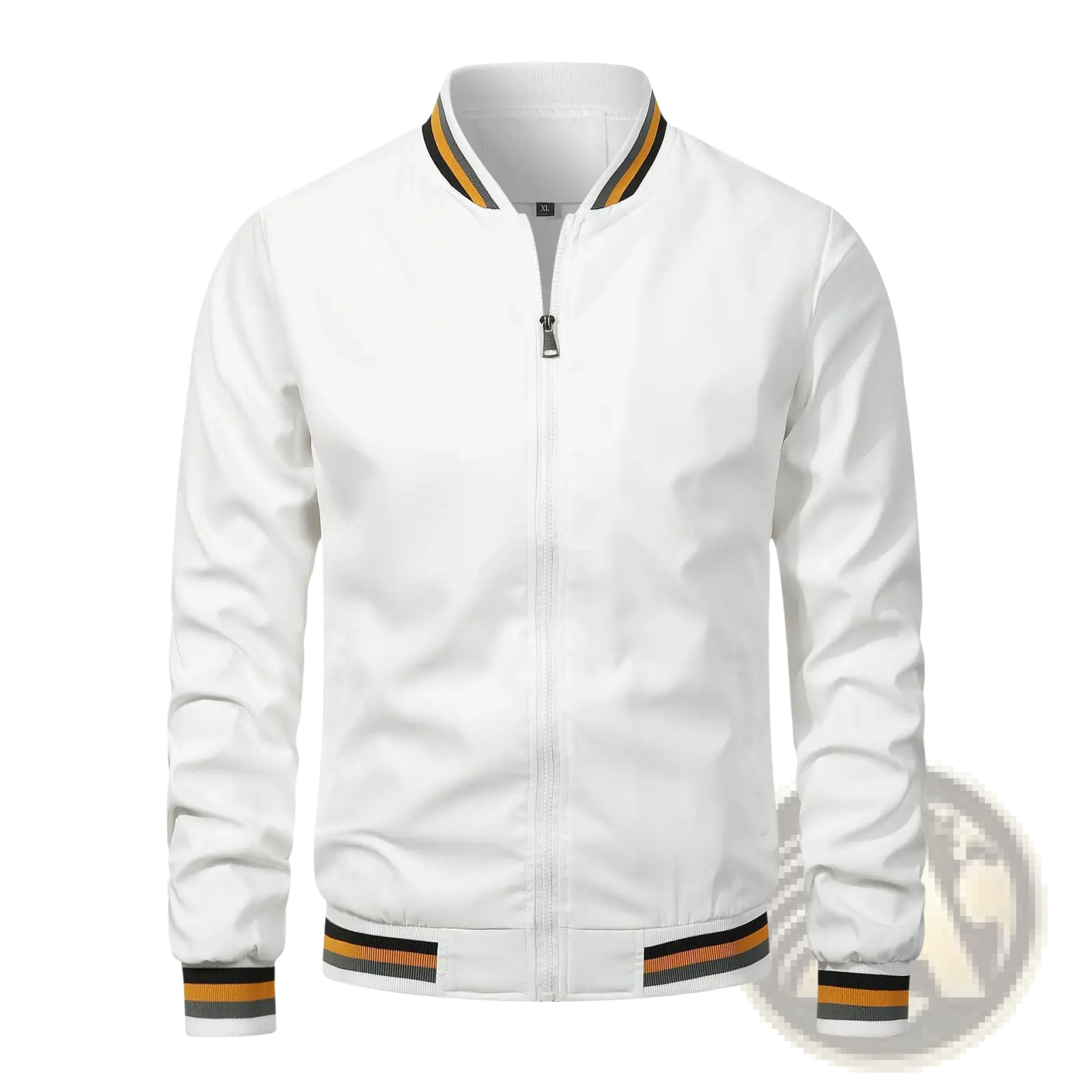 Men bomber jacket in white with black and gold striped trim on collar cuffs and waistband for casual outerwear