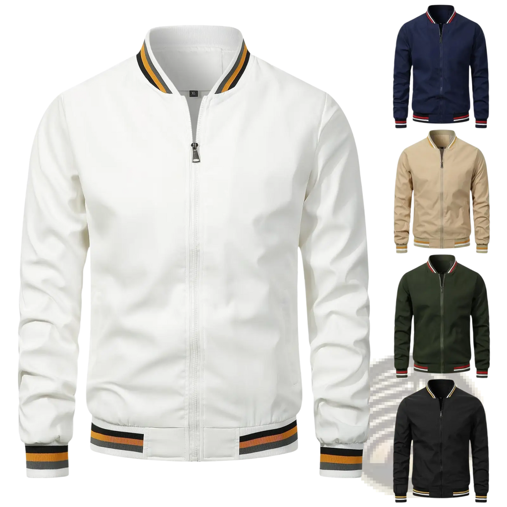 Men bomber jacket in white with contrasting black orange beige striped trim on collar cuffs and waistband for casual wear