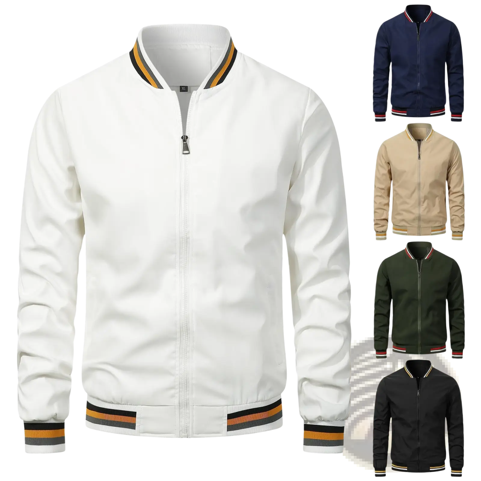 Men bomber jacket in white with contrasting black orange beige striped trim on collar cuffs and waistband for casual wear