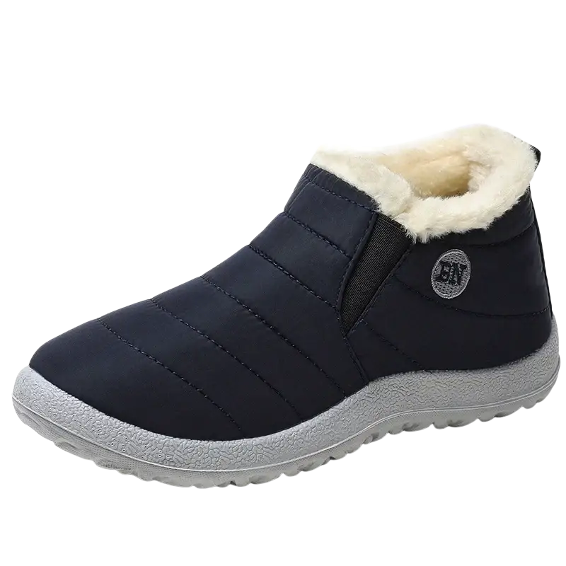 Dark blue quilted men boots with plush white fur lining and gray rubber sole warm winter shoes ankle boots