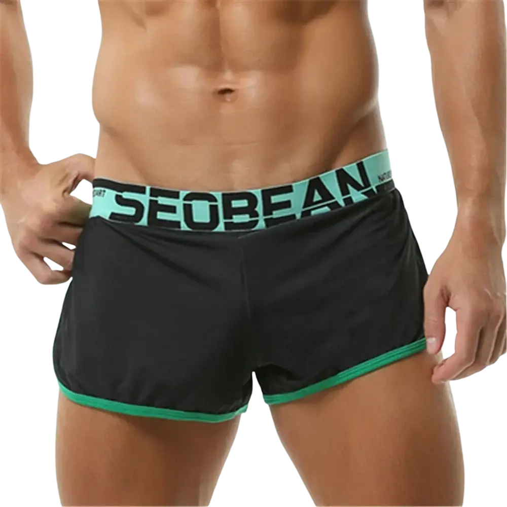 Men boxer briefs breathable athletic sleep shorts in black with teal waistband and green trim by seobean