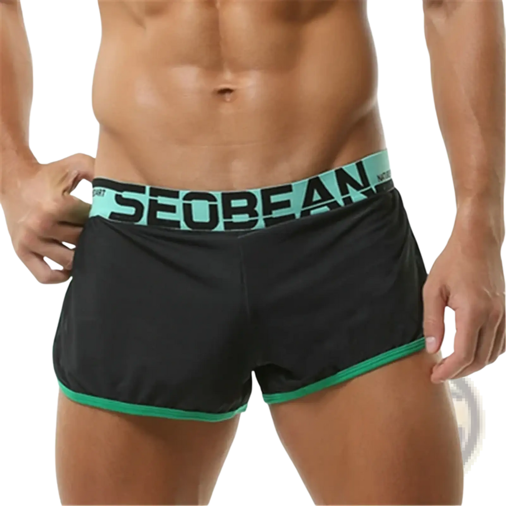 Men boxer briefs breathable athletic sleep shorts in black with teal waistband and green trim by seobean