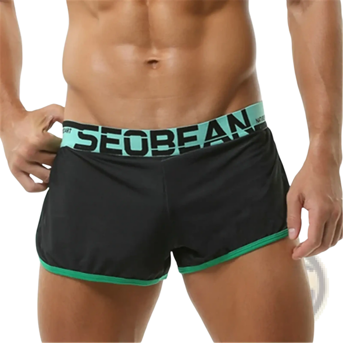 Men boxer briefs breathable athletic sleep shorts in black with teal waistband and green trim by seobean