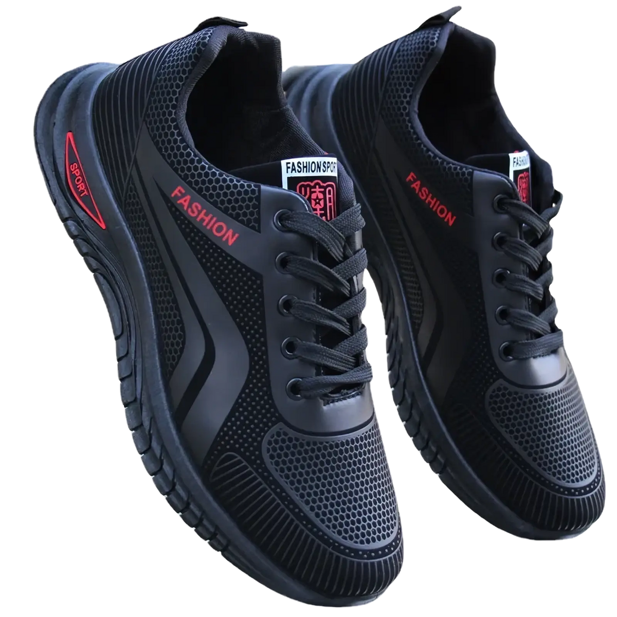 Men breathable athletic sneakers running shoes in black mesh with red fashion and sport branding for running