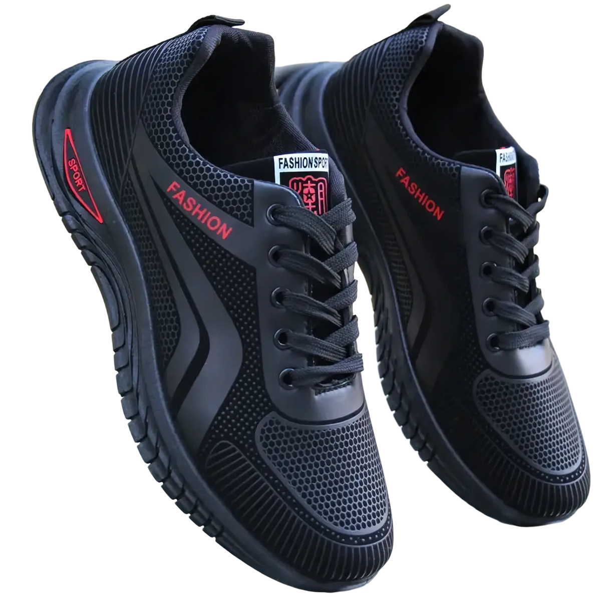 Men breathable athletic sneakers in black mesh with red fashion and sport branding accents for running use