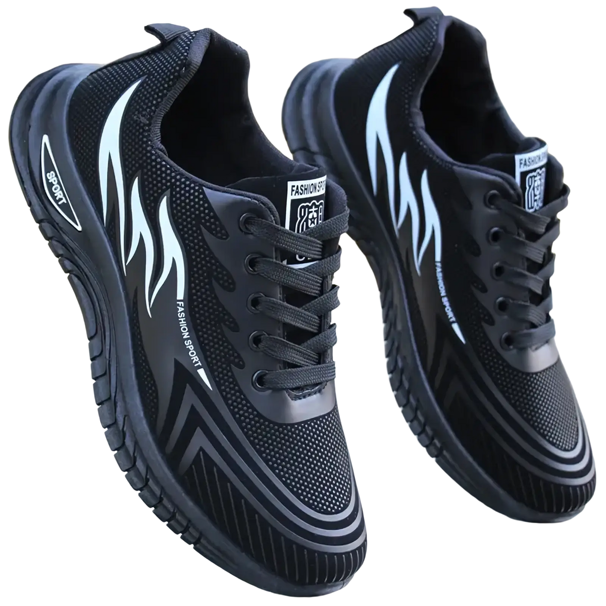 Men breathable athletic sneakers running shoes in black mesh with white flame graphics and fashion sport branding