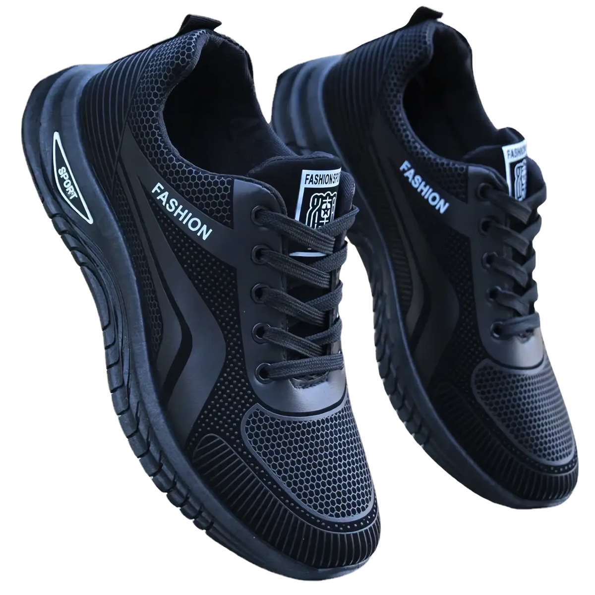 Men breathable black mesh athletic sneakers with fashion and sport branding for running and sports activities