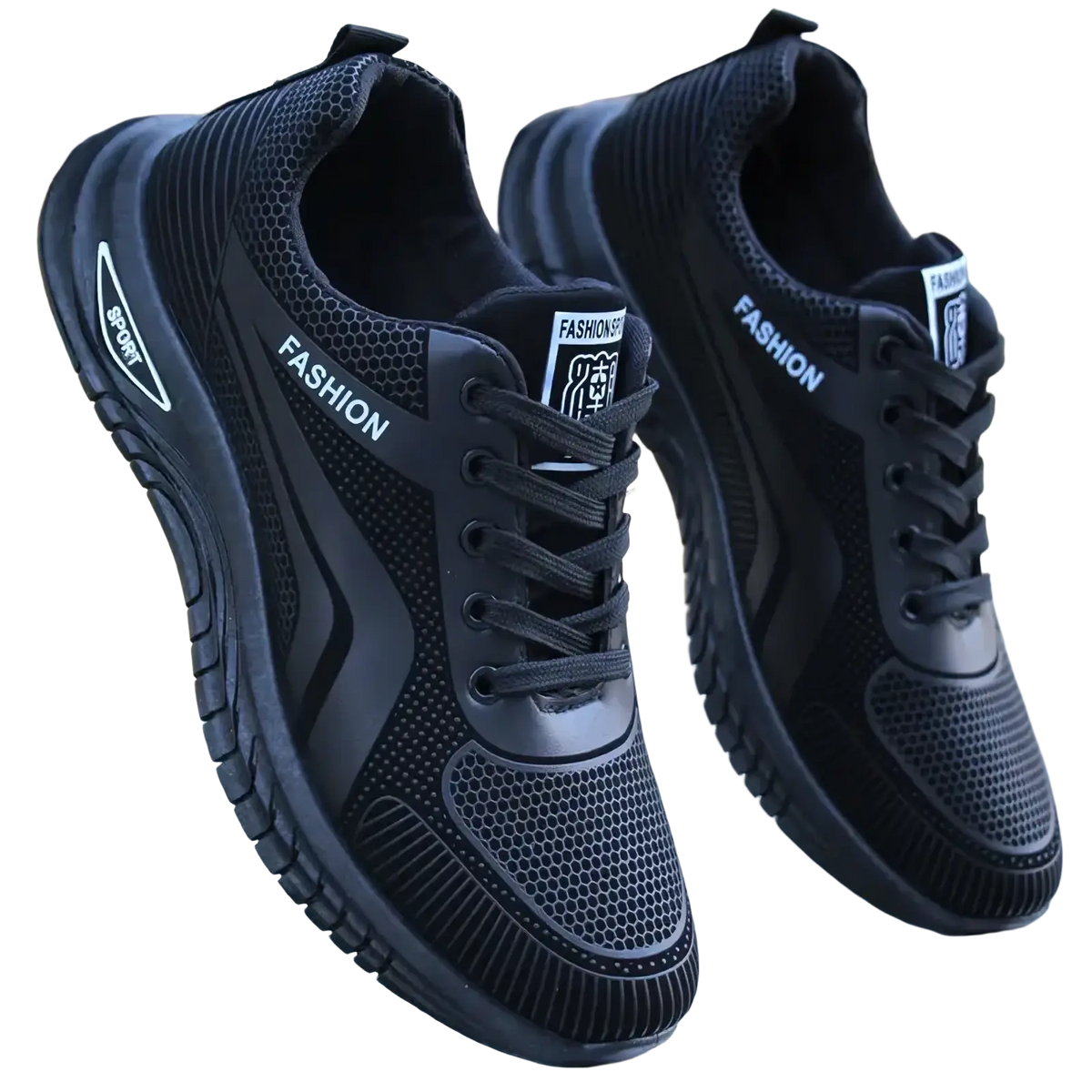 Men breathable black mesh athletic sneakers with fashion branding designed for running and sports activities