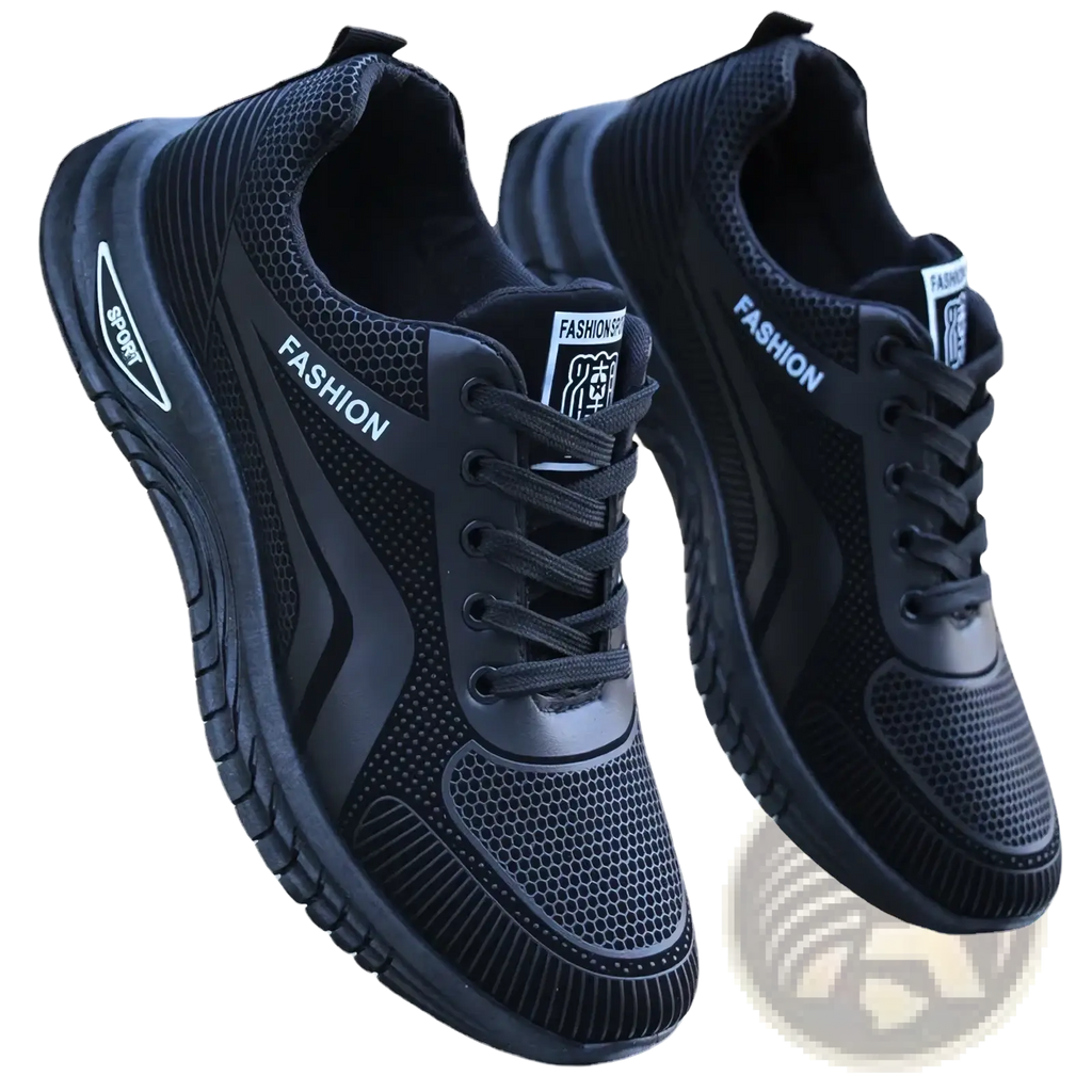 Men breathable black mesh athletic sneakers with fashion and sport branding for running and sports activities
