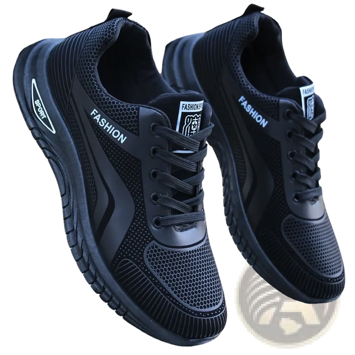 Men breathable black mesh athletic sneakers with fashion and sport branding for running and sports activities