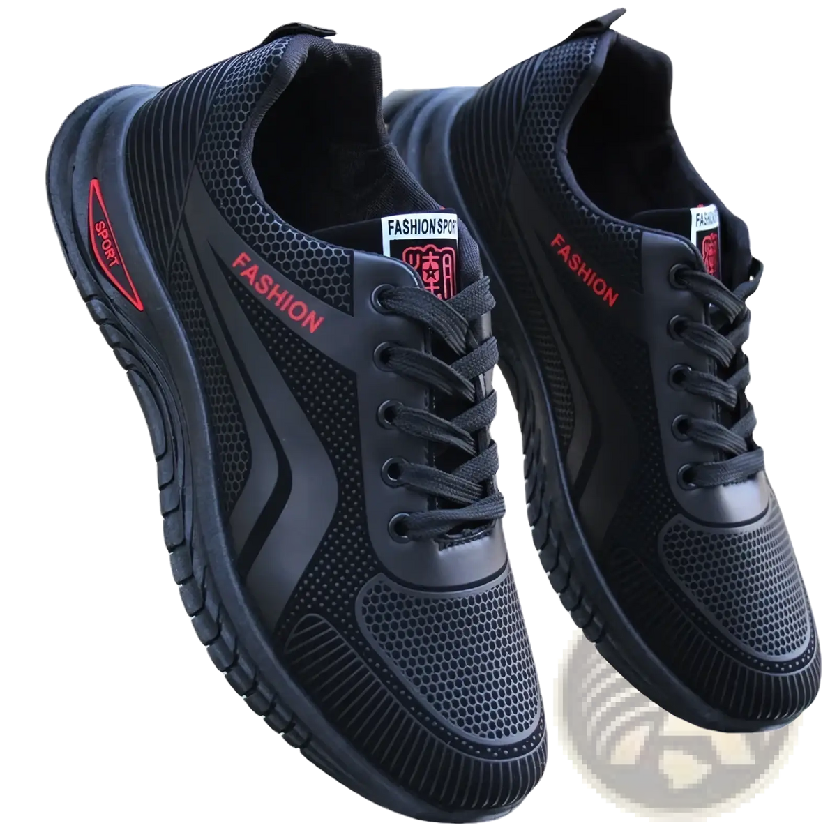 Men breathable athletic sneakers running shoes in black mesh with red fashion and sport branding for running