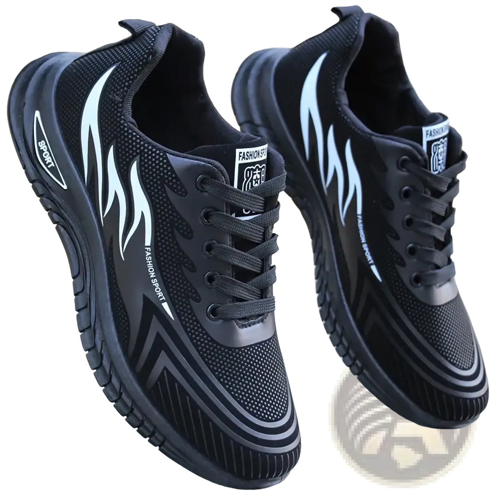 Men breathable athletic sneakers running shoes in black mesh with white flame graphics and fashion sport branding