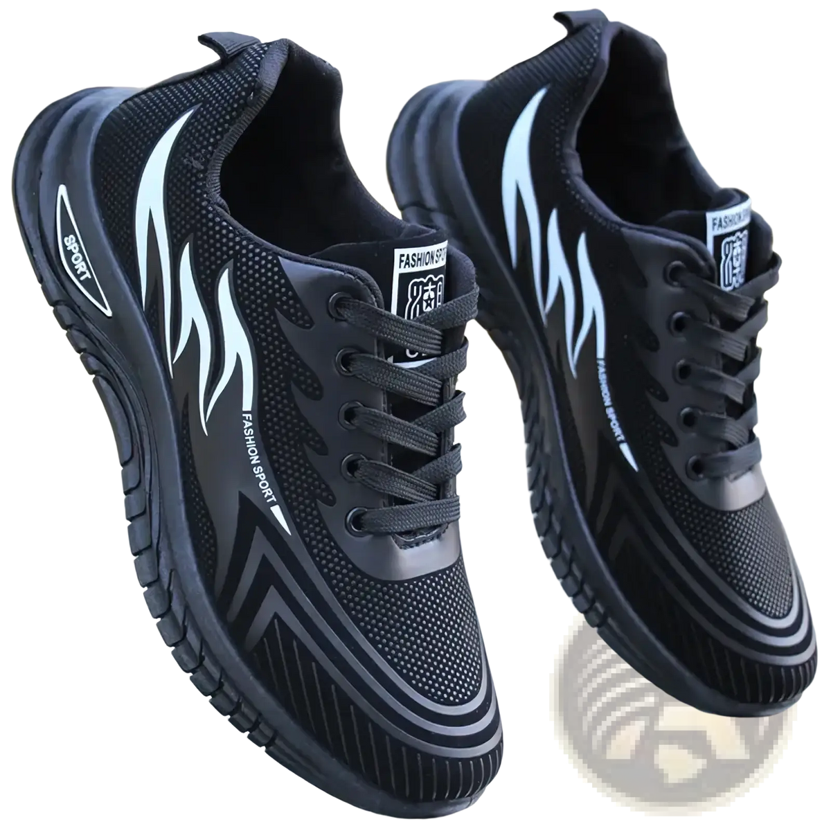 Men breathable athletic sneakers running shoes in black mesh with white flame graphics and fashion sport branding
